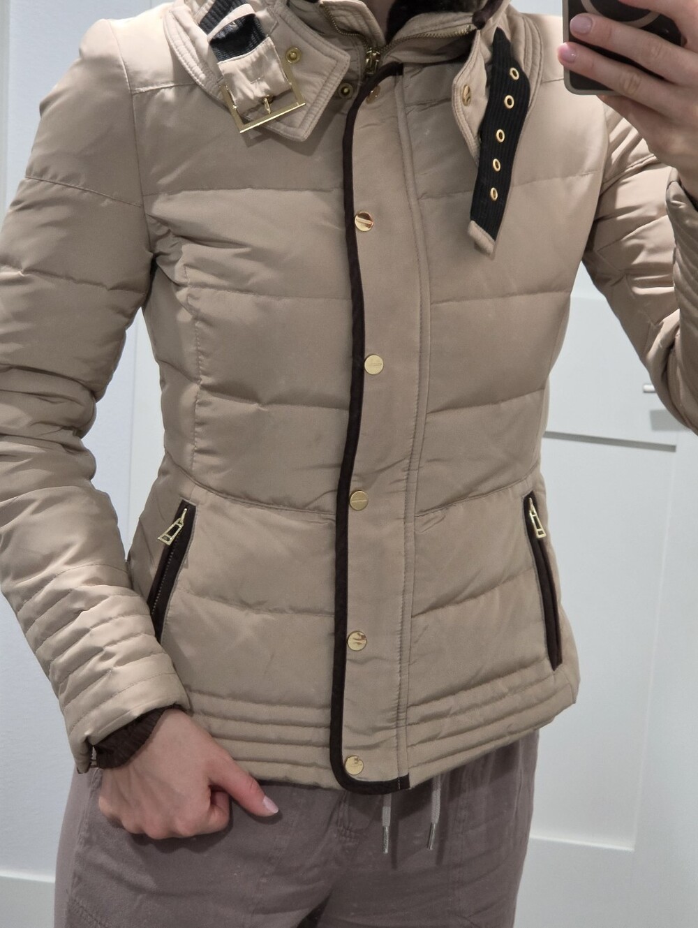 Women's Beige Puffer Jacket with Contrast Trim